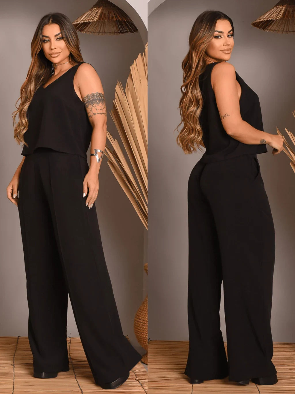 Kit 2 Conjunto Feminino Alfaiataria De Calça Pantalona E Blusa Regata Social Básica Verão Soltinho
