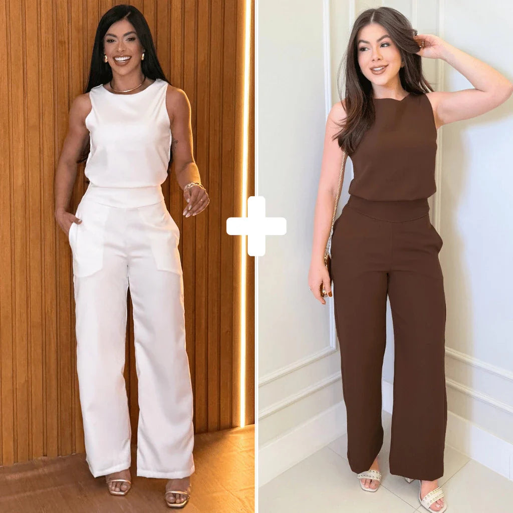 Kit 2 Conjunto Alfaiataria Feminino Calça Pantalona Blusa Regata Social Elegante