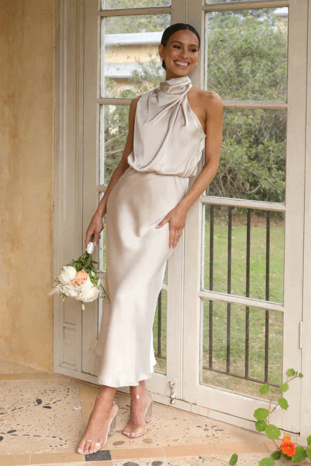 Amelina | Women Halter Neck Midi Dress Satin Wedding Guest Dress