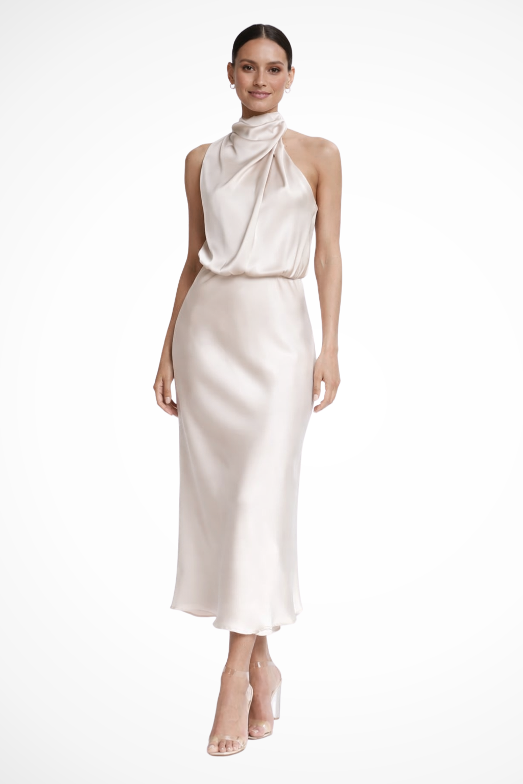 Amelina | Women Halter Neck Midi Dress Satin Wedding Guest Dress