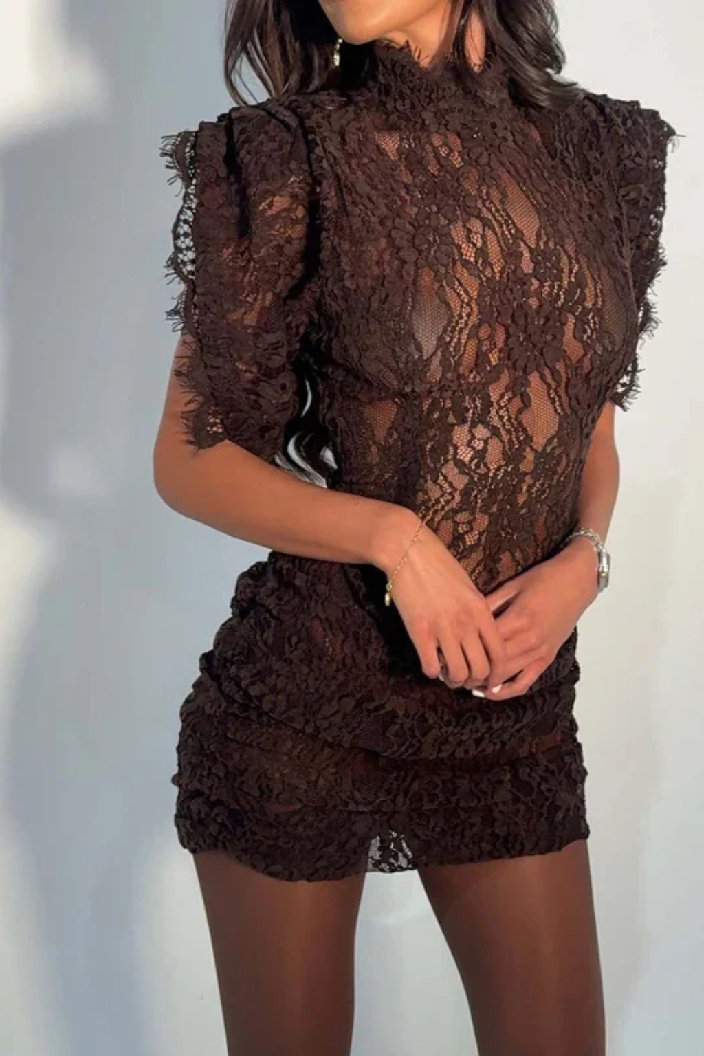 Amelia | Women High Neck Sleeveless Lace Trim Bodycon Mini Dress