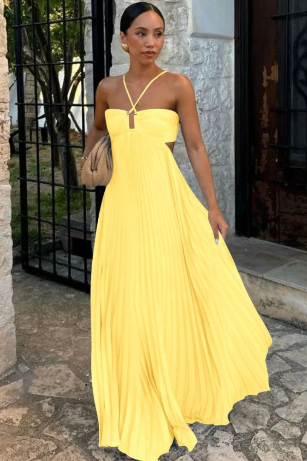 Aurelia | Women Halter Neck Backless Pleated Flowy Summer Maxi Dress
