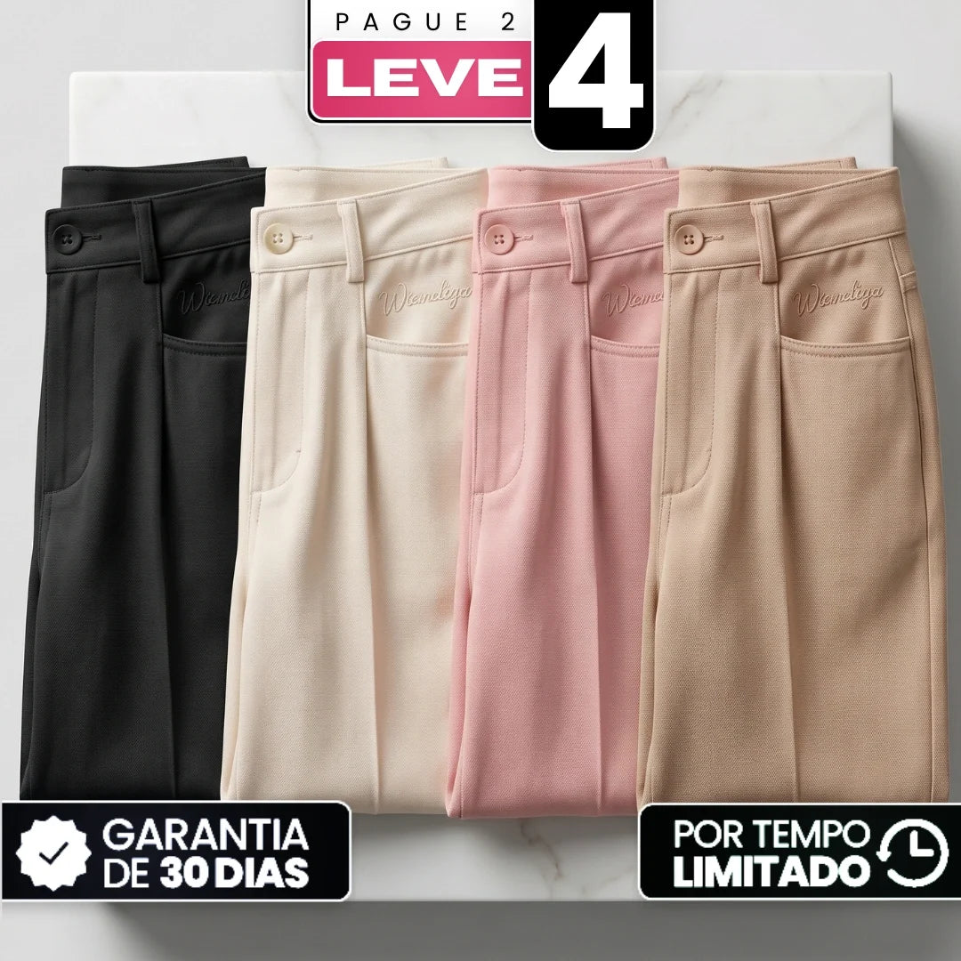 [Leve 4, Pague Só 2!] Calça Amara Feminina em Algodão, Viscose e Trama de Linho de Cintura Alta com Bolsos Frontais e Bordado Sutil