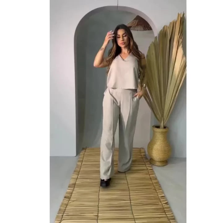 Kit 2 Conjunto Feminino Alfaiataria De Calça Pantalona E Blusa  Regata Social Básica Verão Soltinho