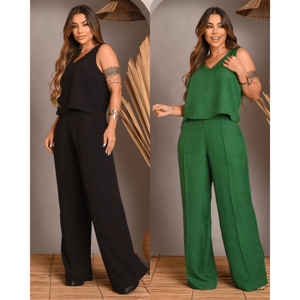 Kit 2 Conjunto Feminino Alfaiataria De Calça Pantalona E Blusa  Regata Social Básica Verão Soltinho