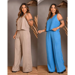 Kit 2 Conjunto Feminino Alfaiataria De Calça Pantalona E Blusa  Regata Social Básica Verão Soltinho