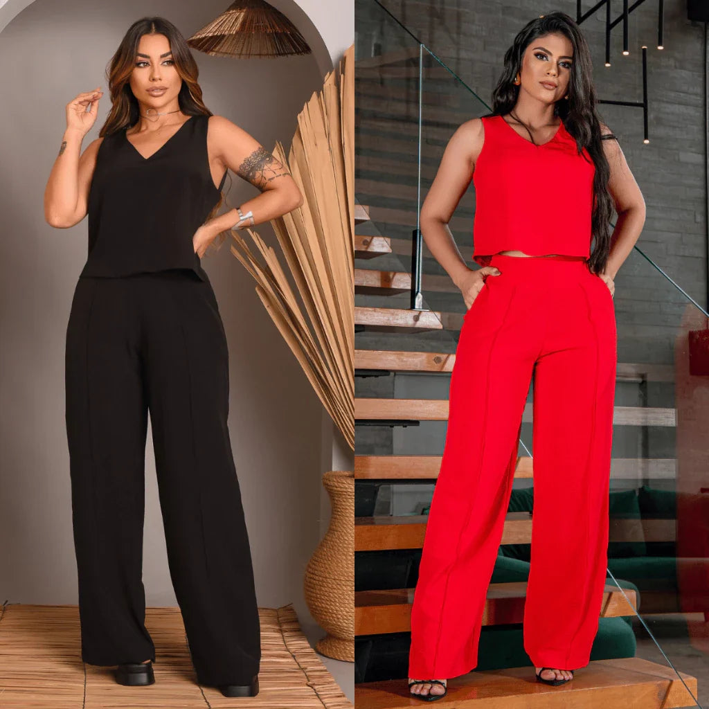 Kit 2 Conjunto Feminino Alfaiataria De Calça Pantalona E Blusa  Regata Social Básica Verão Soltinho