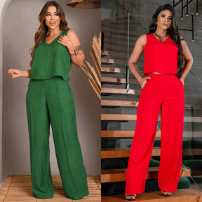 Kit 2 Conjunto Feminino Alfaiataria De Calça Pantalona E Blusa  Regata Social Básica Verão Soltinho