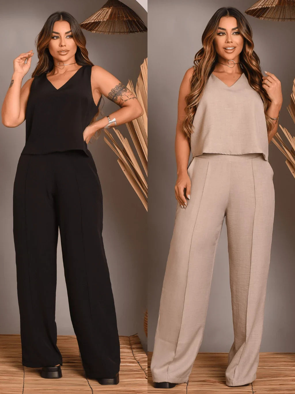Kit 2 Conjunto Feminino Alfaiataria De Calça Pantalona E Blusa  Regata Social Básica Verão Soltinho