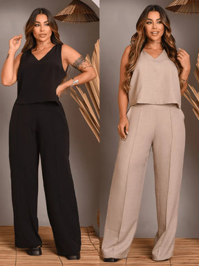 Kit 2 Conjunto Feminino Alfaiataria De Calça Pantalona E Blusa  Regata Social Básica Verão Soltinho