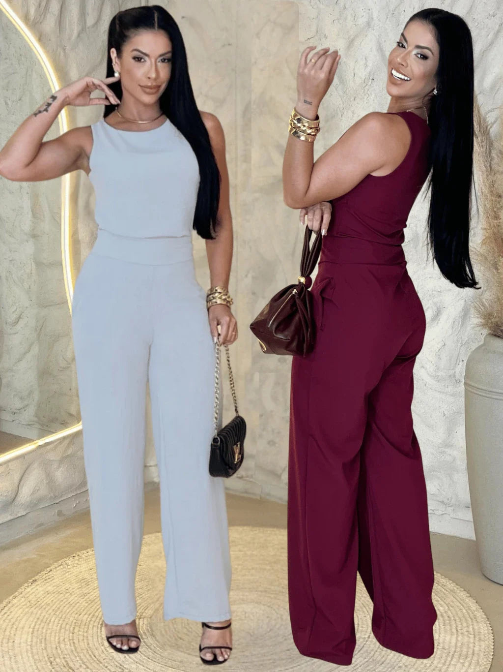 Kit 2 Conjuntos Feminino Mulher Elegante Calça Pantalona e Blusa Conjunto Casual Versátil