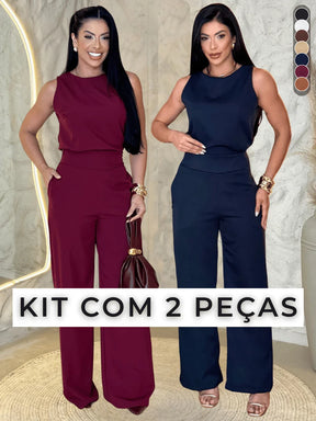 Kit 2 Conjunto Alfaiataria Feminino Calça Pantalona Blusa Regata Social Elegante