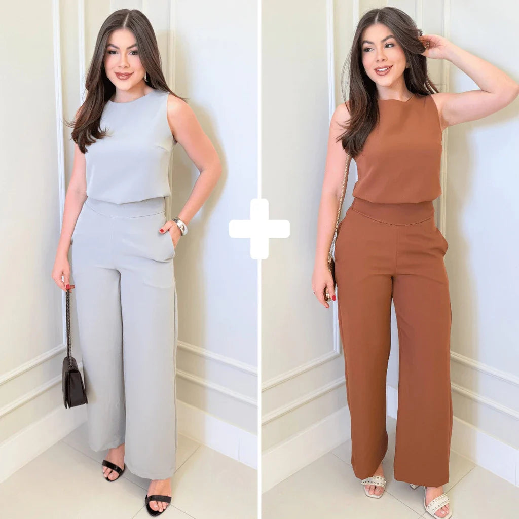 Kit 2 Conjunto Alfaiataria Feminino Calça Pantalona Blusa Regata Social Elegante