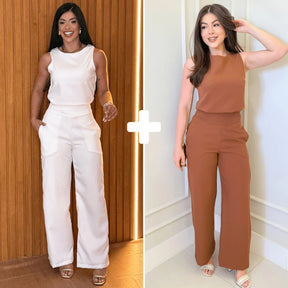 Kit 2 Conjunto Alfaiataria Feminino Calça Pantalona Blusa Regata Social Elegante