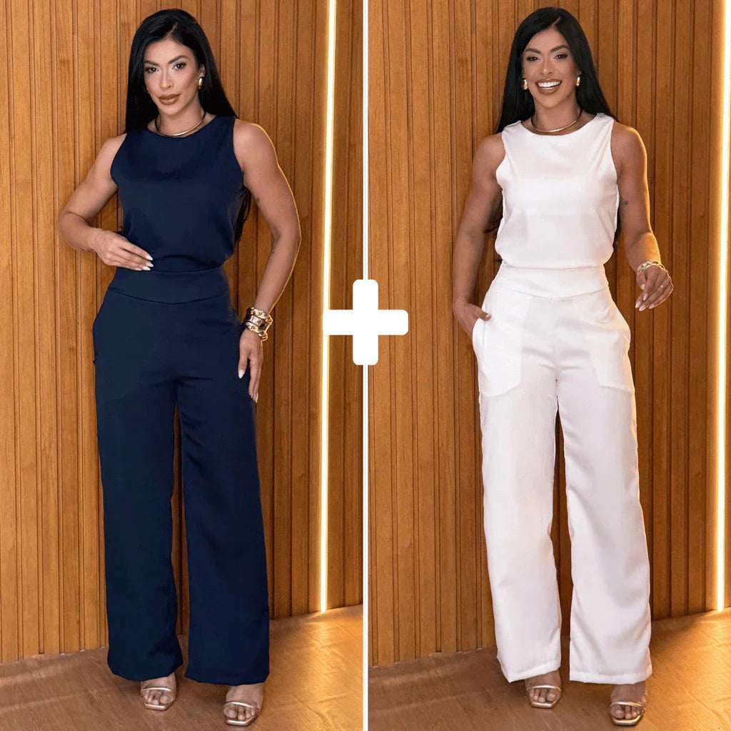 Kit 2 Conjunto Alfaiataria Feminino Calça Pantalona Blusa Regata Social Elegante